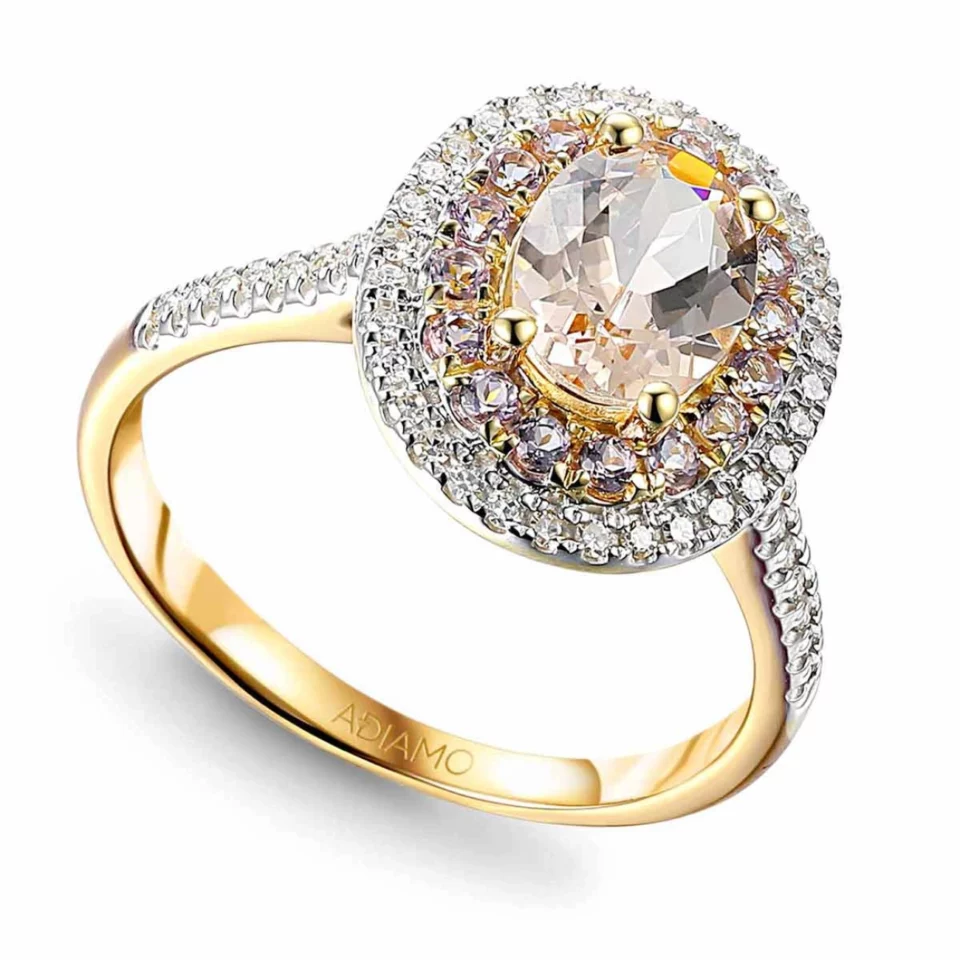 Pierścionek z morganitem, różowymi ametystami i diamentami