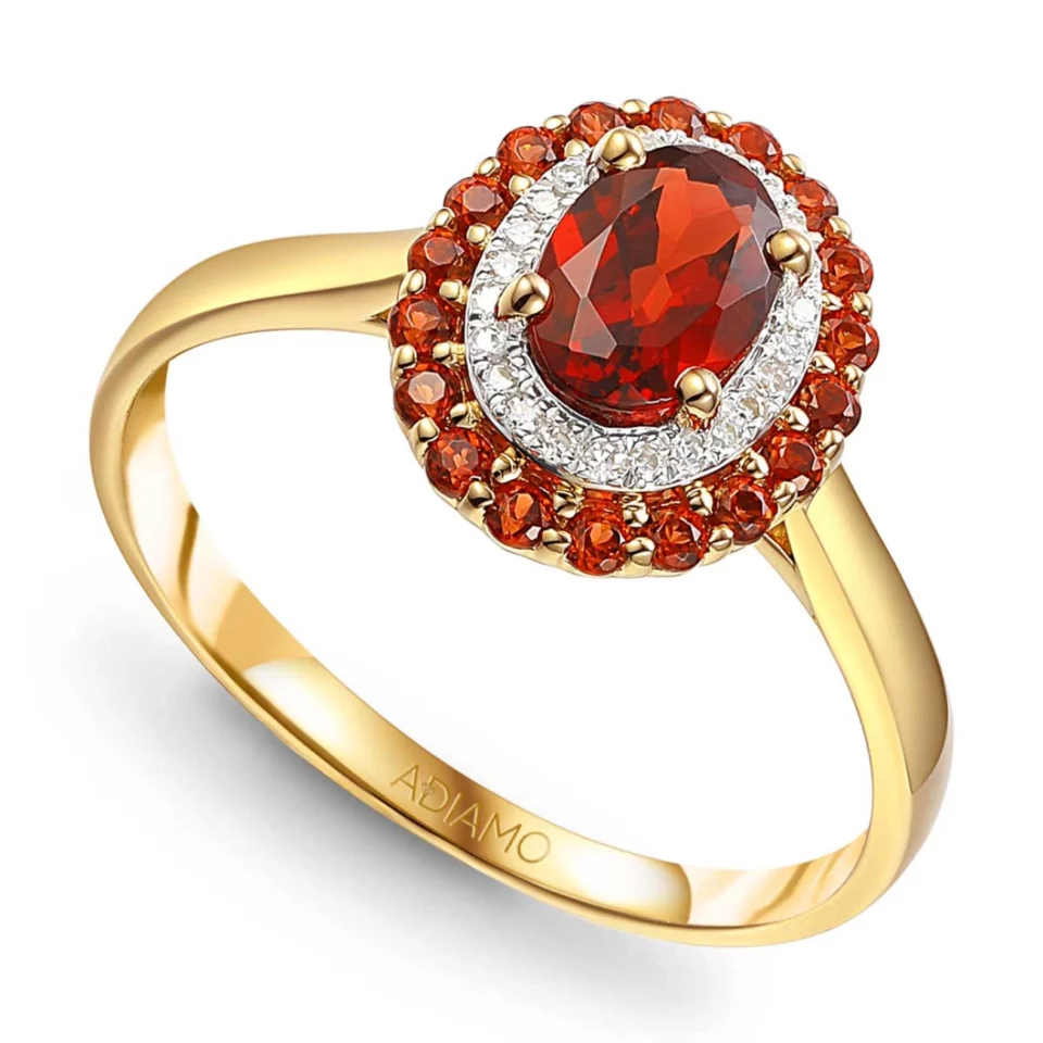 Złoty pierścionek z granatami i diamentami