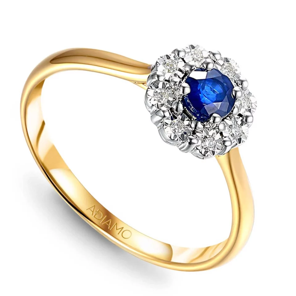 Złoty pierścionek z szafirem i diamentami