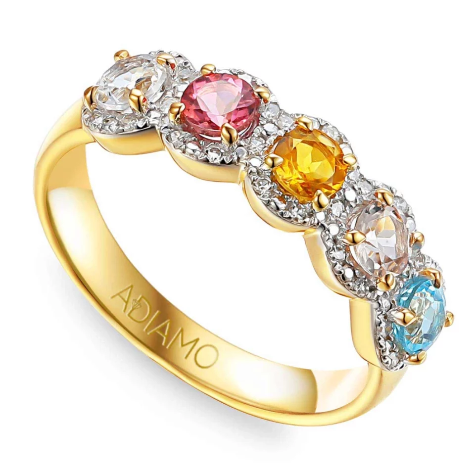 Pierścionek z kolorowymi kamieniami i diamentami