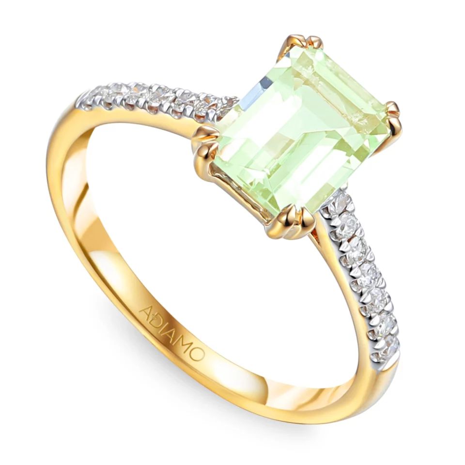 Pierścionek z zielonym ametystem i diamentami