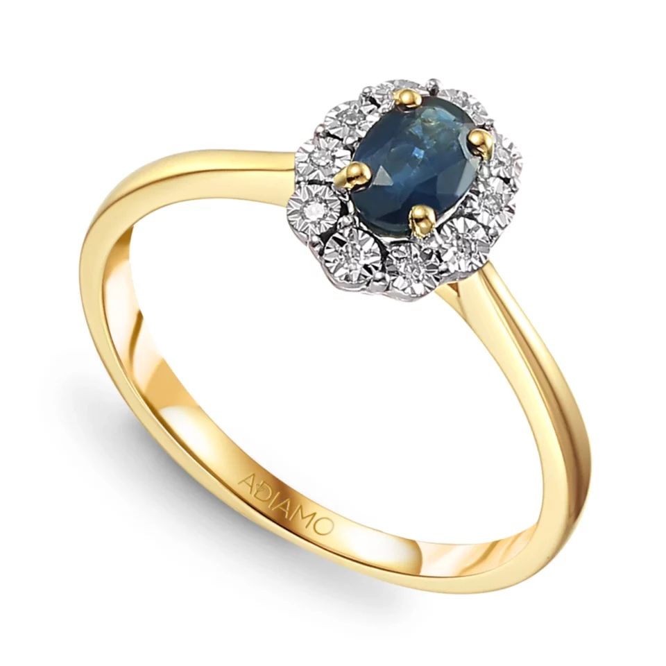 Złoty pierścionek z szafirem i diamentami