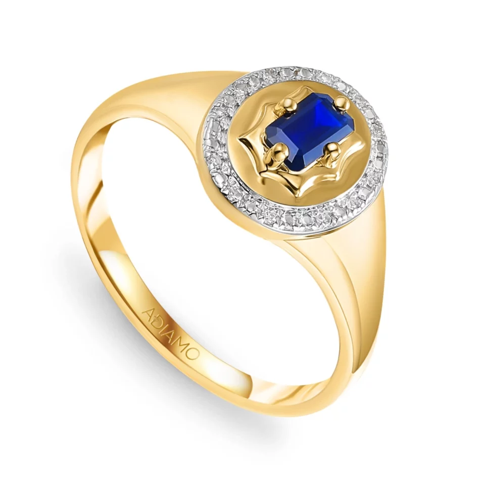 Złoty sygnet z szafirem i diamentami