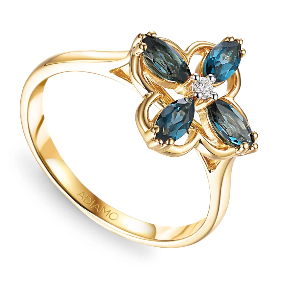 Pierścionek z london blue topazami i diamentem