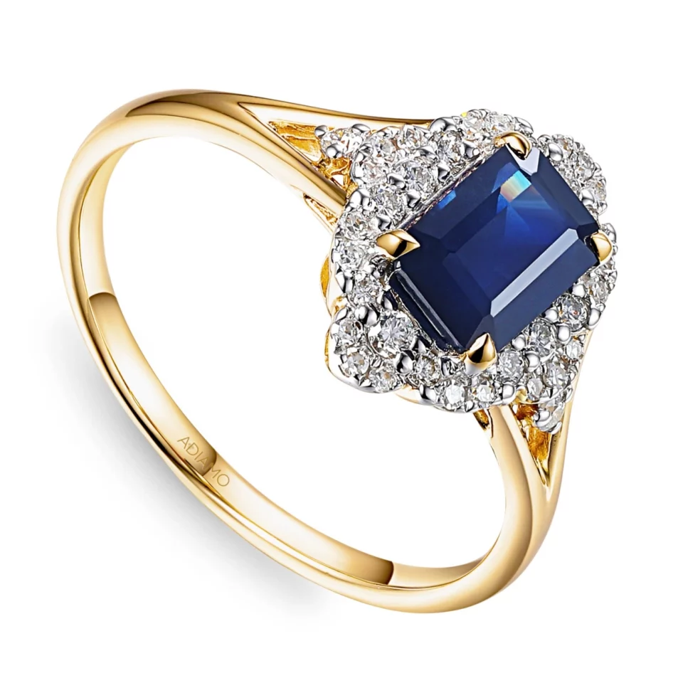 Złoty pierścionek z szafirem i diamentami