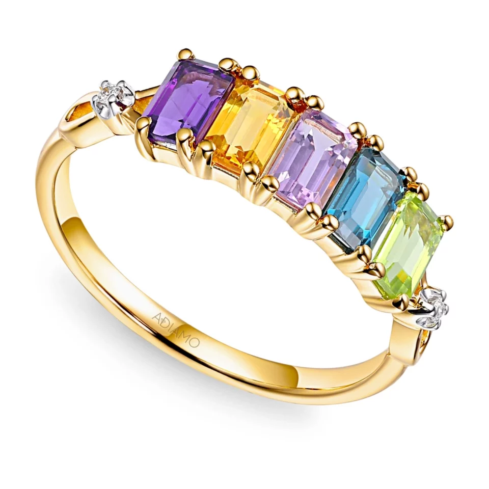 Pierścionek z kolorowymi kamieniami i diamentami