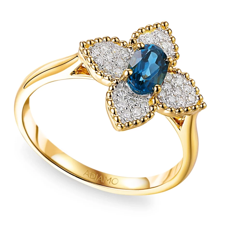 Pierścionek z london blue topazem i diamentami