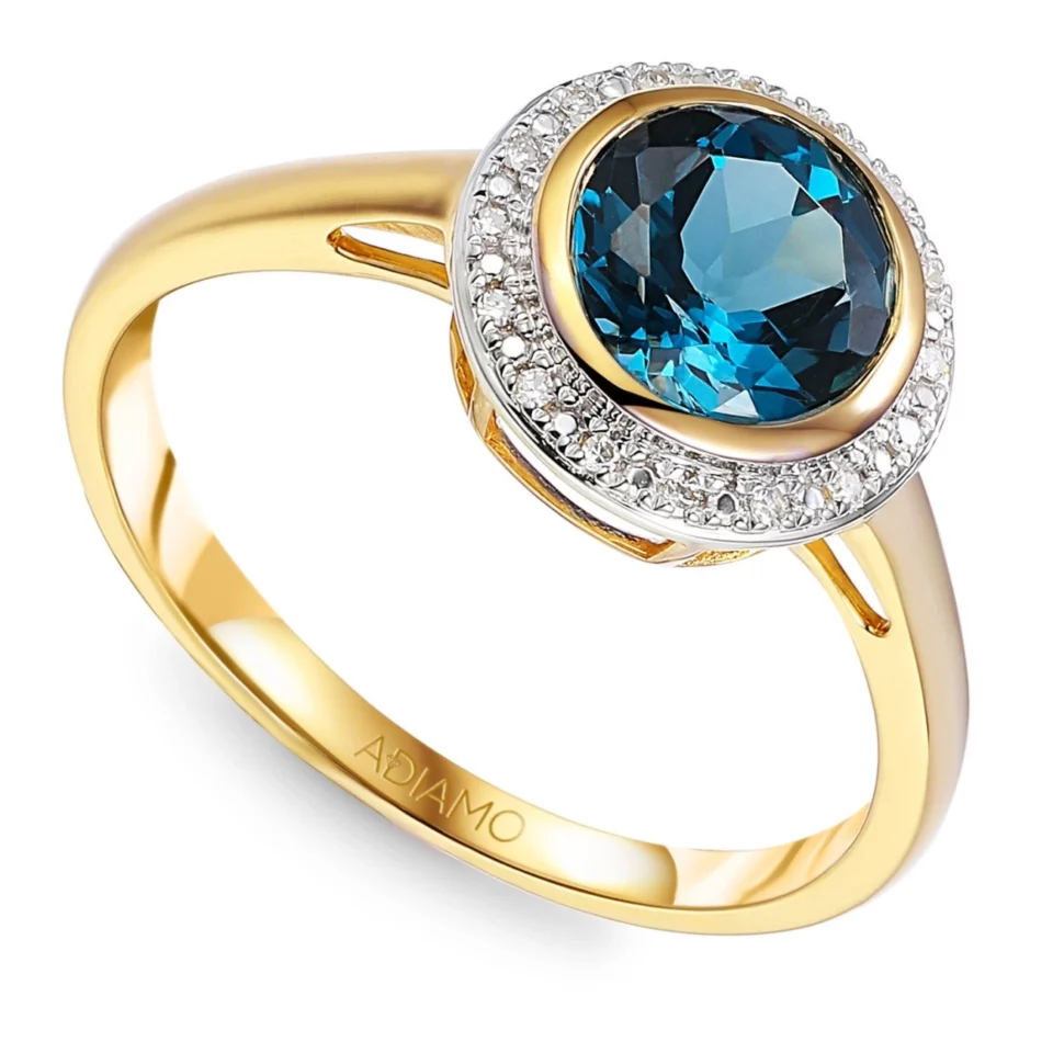 Pierścionek z london blue topazem i diamentami