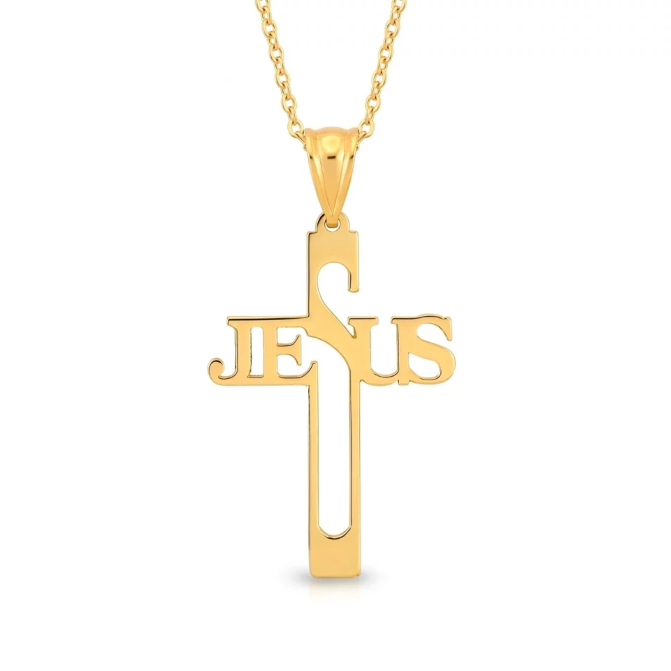 Zawieszka z żółtego złota - Krzyż z napisem "JESUS"