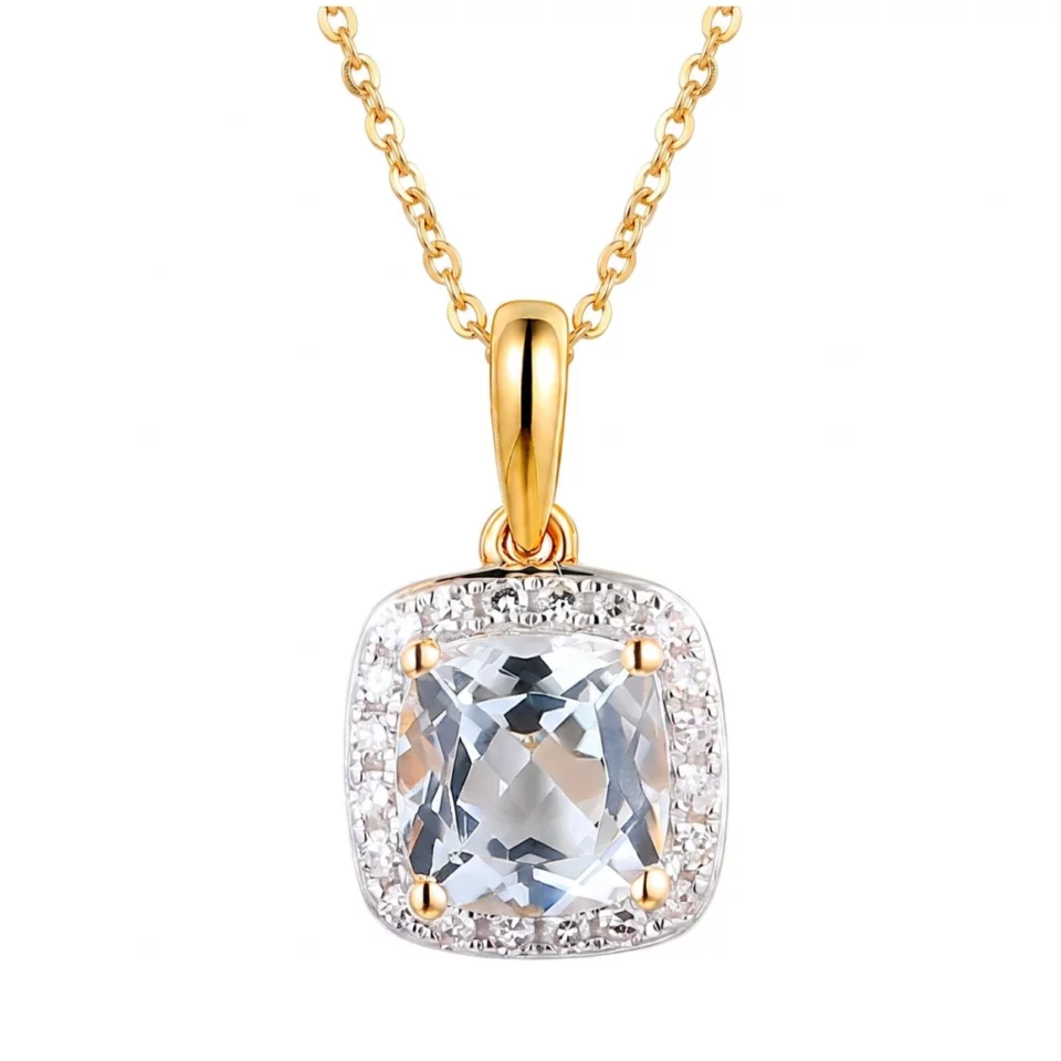 Zawieszka z żółtego złota z białym topazem w szlifie cushion i diamentami