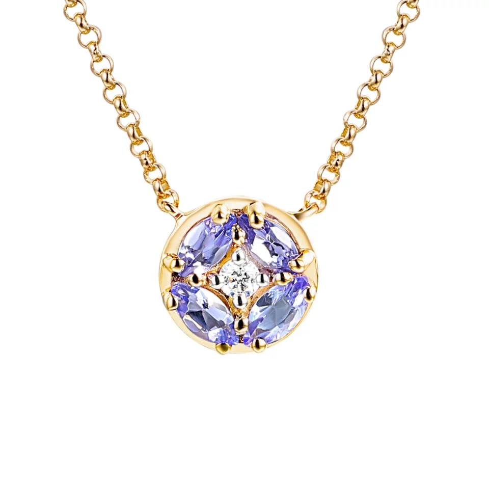 Naszyjnik z żółtego złota - okrągła zawieszka z tanzanitem i diamentem - 0,36ct